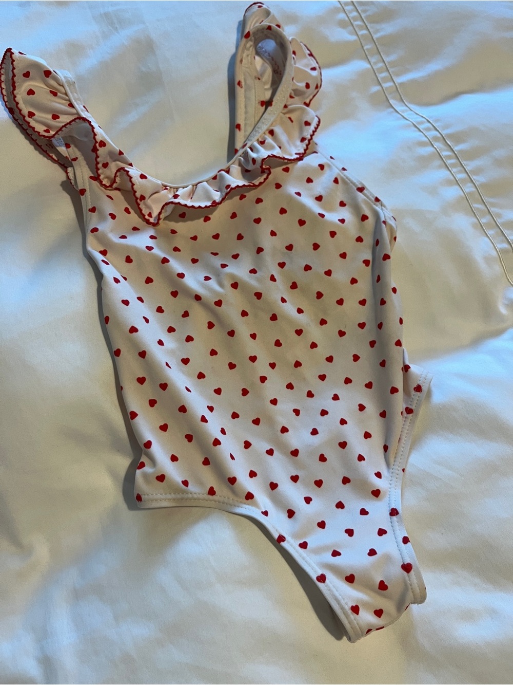 Kids White One-Piece Swimsuit with Red Heart Print and Ruffle